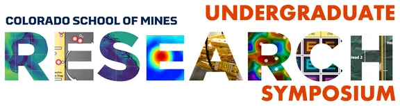 Colorado School of Mines Undergraduate Research Symposium logo, with the word Research filled with images of student projects