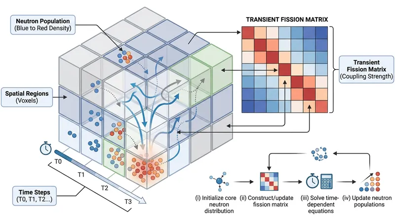 Diagram of the transient fission matrix method: a 3-D grid of spatial cells coupled through a fission matrix, advanced over time steps.